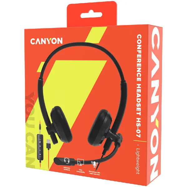 CANYON HS-07, Super light weight conference headset 3.5mm stereo plug,with PVC cable 1.6m, extra USB sound card with PVC cable 1.2m, ABS he