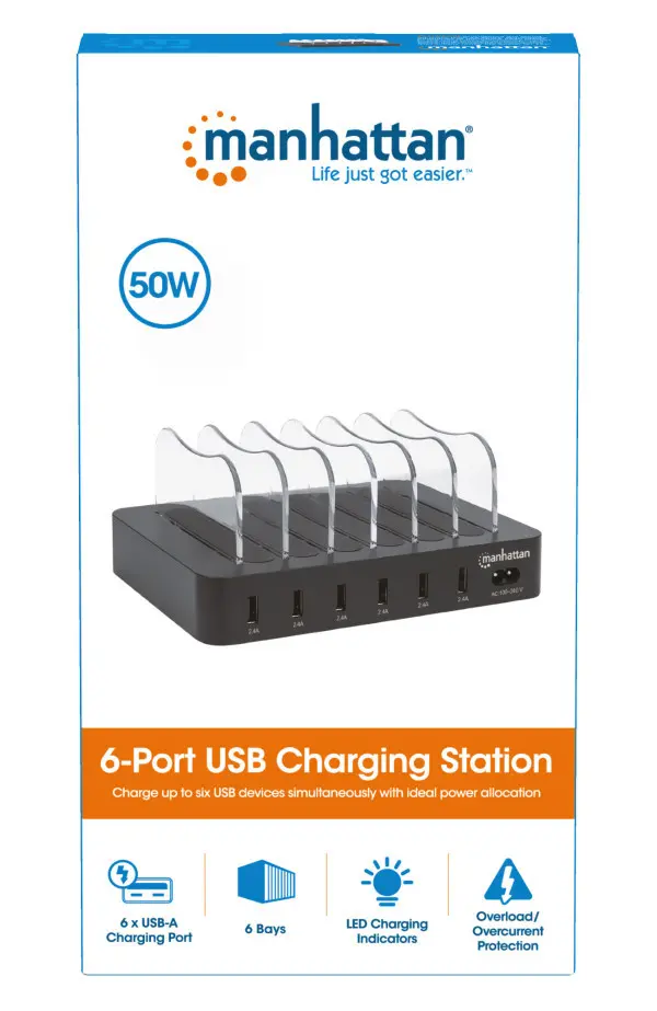 USB punjač 6-port Manhattan 102254 5V2.4V50Wdržač za telefon Crni