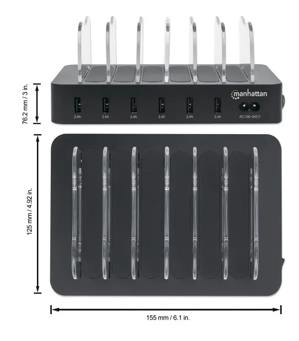 USB punjač 6-port Manhattan 102254 5V2.4V50Wdržač za telefon Crni