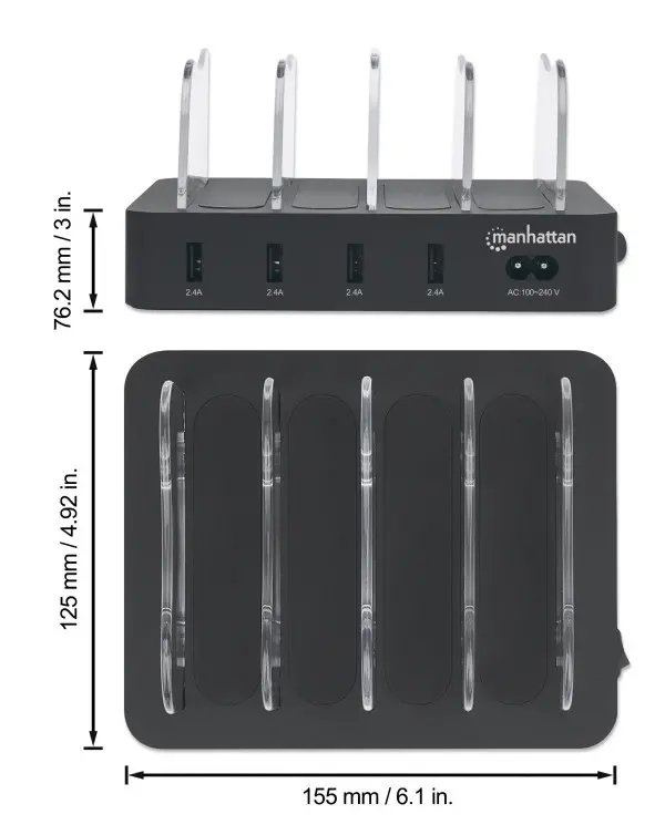 USB punjač 4-port Manhattan 102261 5V2.4V34Wdržač za telefon Crni