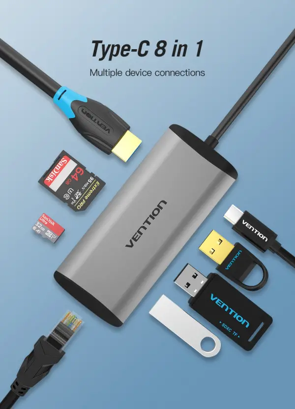 8 u 1 Type-C u HDMI/USB x3/PD/RJ45/TF/SD - Sivi
