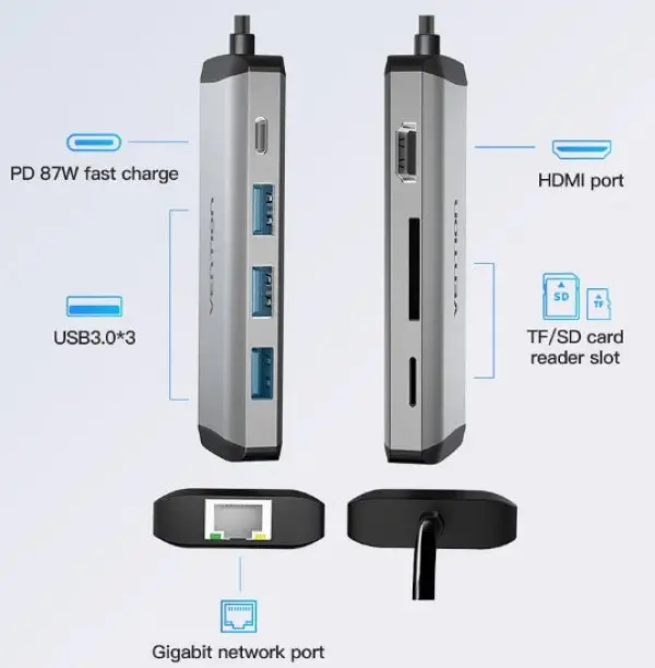 8 u 1 Type-C u HDMI/USB x3/PD/RJ45/TF/SD - Sivi