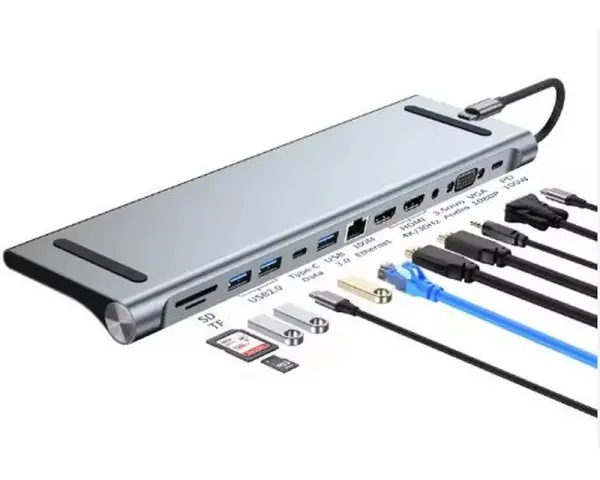 E-GREEN Adapter USB 3.1 tip C (M) - 2 x HDMI + VGA + 3 x USB 3.0 + 2 x tip C + RJ45 (F) + SDTF + PD 100W (12 u 1) 