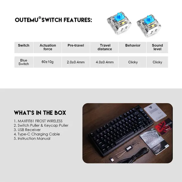 Tastatura Mehanicka Gaming Fantech MK910 RGB ABS Maxfit81 Frost Wireless crna (blue switch)