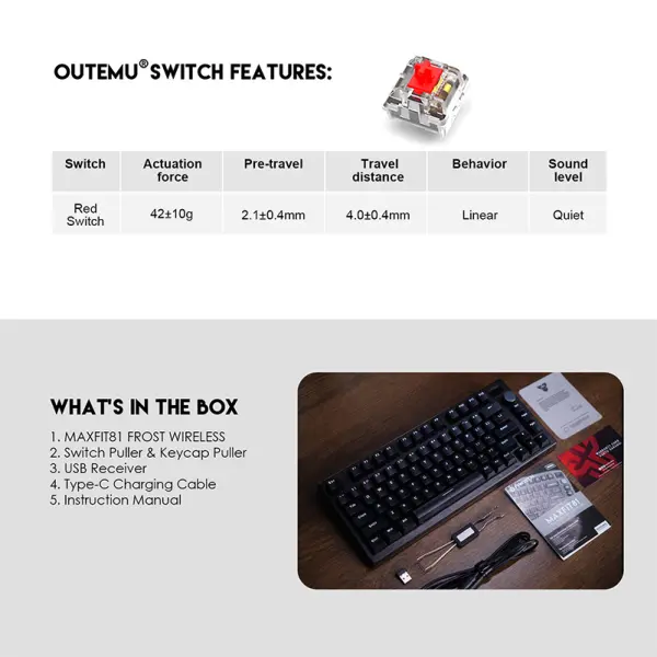 Tastatura Mehanicka Gaming Fantech MK910 RGB ABS Maxfit81 Frost Wireless crna (red switch)
