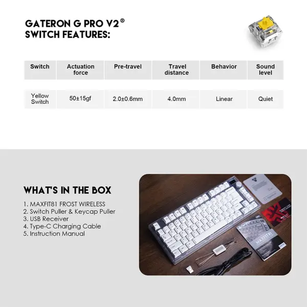 Tastatura Mehanicka Gaming Fantech MK910 RGB PBT Maxfit81 Frost Wireless crna (yellow switch)