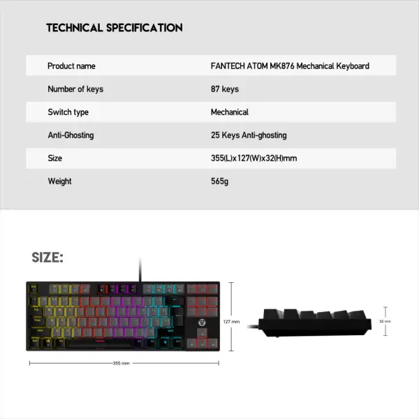 Tastatura Mehanicka Gaming Fantech MK876 RGB Atom TKL siva (Red switch)