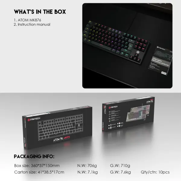 Tastatura Mehanicka Gaming Fantech MK876 RGB Atom TKL siva (Red switch)