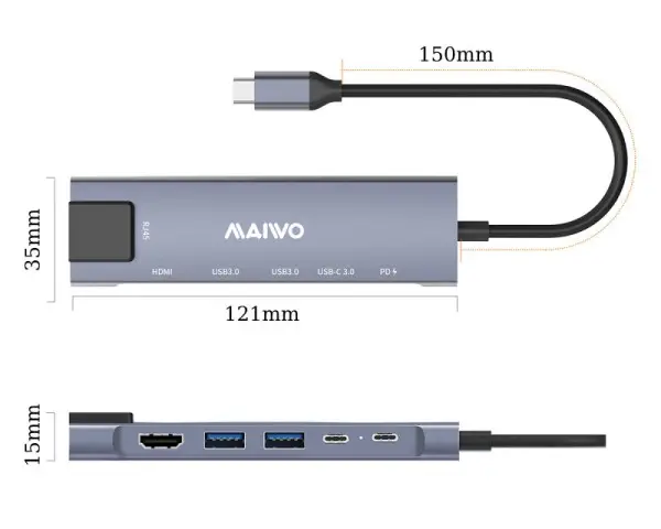 MAIWO USB 3.1 Tup-C 6 u 1 adapter USB3.0+HDMI+USB C PD+USB C DATA+RJ45, KH06RH 