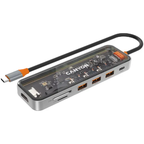 CANYON DS-13, USB-hub, Size: 137.9mm*42.7mm*15mm Weight: 167.5gCable length: 155mm Material: Zinc alloy+Tempered glass+TPE Port: Type-C To 