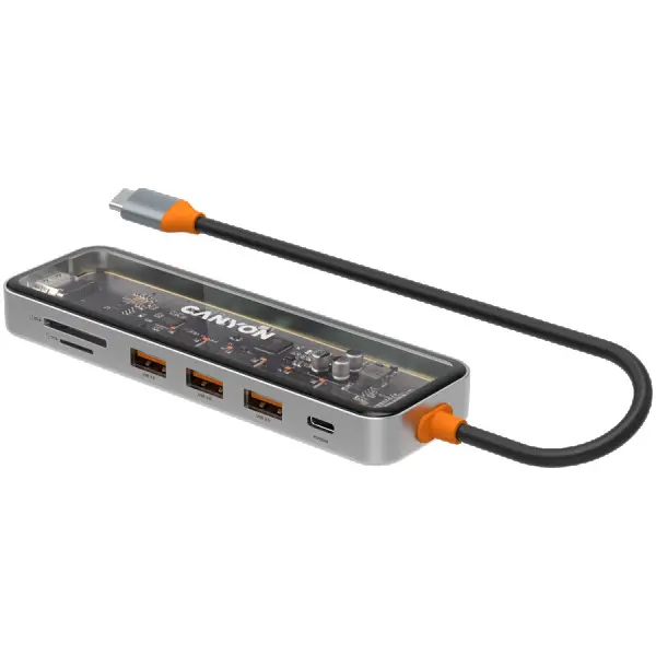CANYON DS-13, USB-hub, Size: 137.9mm*42.7mm*15mm Weight: 167.5gCable length: 155mm Material: Zinc alloy+Tempered glass+TPE Port: Type-C To 