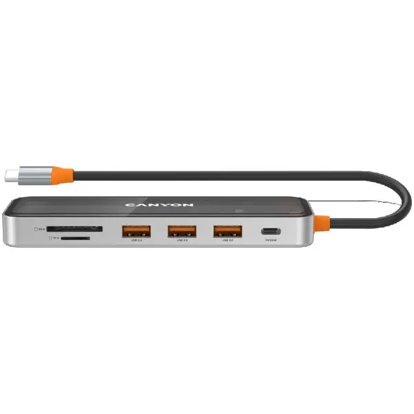 CANYON DS-13, USB-hub, Size: 137.9mm*42.7mm*15mm Weight: 167.5gCable length: 155mm Material: Zinc alloy+Tempered glass+TPE Port: Type-C To 