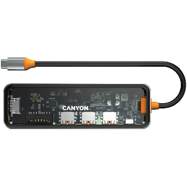 CANYON DS-13, USB-hub, Size: 137.9mm*42.7mm*15mm Weight: 167.5gCable length: 155mm Material: Zinc alloy+Tempered glass+TPE Port: Type-C To 