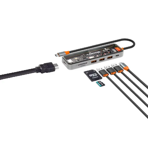 CANYON DS-13, USB-hub, Size: 137.9mm*42.7mm*15mm Weight: 167.5gCable length: 155mm Material: Zinc alloy+Tempered glass+TPE Port: Type-C To 