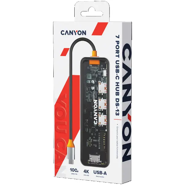 CANYON DS-13, USB-hub, Size: 137.9mm*42.7mm*15mm Weight: 167.5gCable length: 155mm Material: Zinc alloy+Tempered glass+TPE Port: Type-C To 