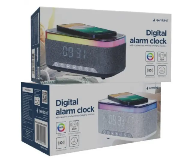 DAC-SPKBT-QC15-BK Gembird Digitalni sat+alarm sa bezicnim punjenjem telefona 15W i zvucnikom, FM, BT