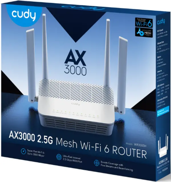 Cudy WR3000H AX3000 2.5G Mesh Wi-Fi 6 Router, 2.4/5Ghz, pokriva 130m2