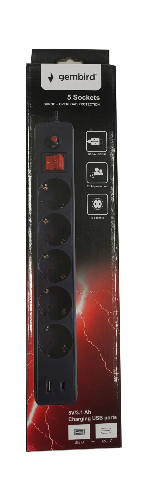 SPG5-B-10(3G1.5)**Gembird produzni kabl sa zastitom i 5 uticnica, 5V/3.1A USB-A+C 16A/3500W 3m Black
