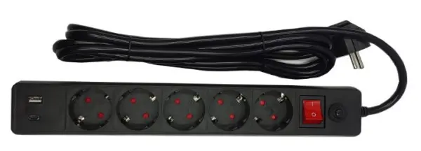 SPG5-B-10(3G1.5)**Gembird produzni kabl sa zastitom i 5 uticnica, 5V/3.1A USB-A+C 16A/3500W 3m Black