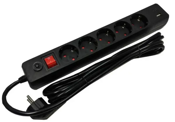 SPG5-B-10(3G1.5)**Gembird produzni kabl sa zastitom i 5 uticnica, 5V/3.1A USB-A+C 16A/3500W 3m Black