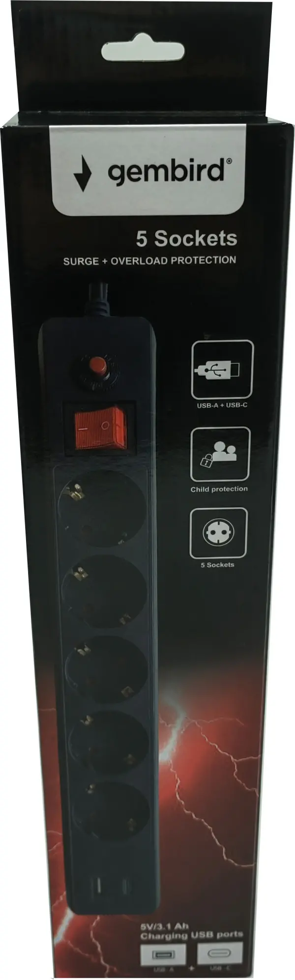 SPG5-B-10(3G1.5)**Gembird produzni kabl sa zastitom i 5 uticnica, 5V/3.1A USB-A+C 16A/3500W 3m Black