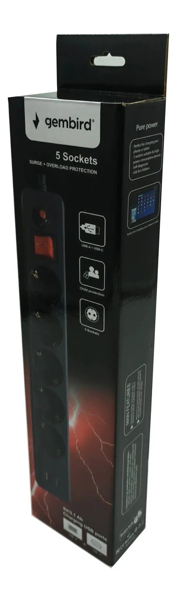 SPG5-B-6(3G1.5)**Gembird produzni kabl sa zastitom 5 uticnica, 5V/3.1A USB-A+C 16A/3500W 1.8m  Black
