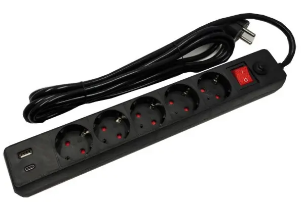 SPG5-B-6(3G1.5)**Gembird produzni kabl sa zastitom 5 uticnica, 5V/3.1A USB-A+C 16A/3500W 1.8m  Black