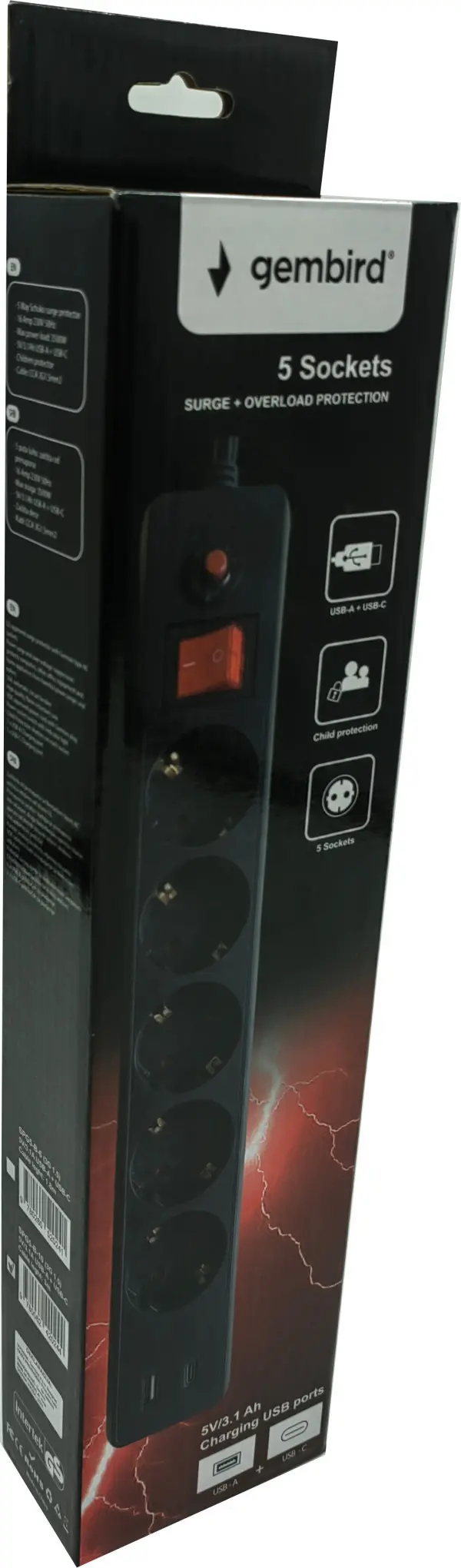 SPG5-B-6(3G1.5)**Gembird produzni kabl sa zastitom 5 uticnica, 5V/3.1A USB-A+C 16A/3500W 1.8m  Black