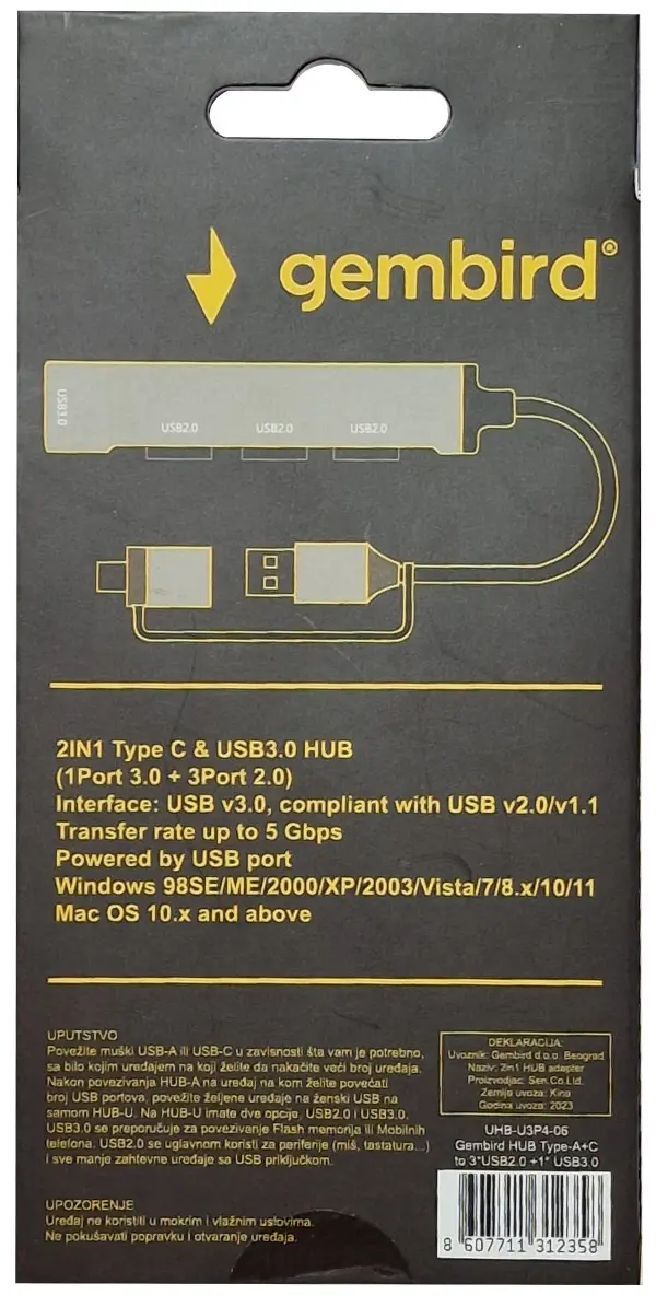 UHB-U3P4-06 Gembird HUB Type-A+C to 3*USB2.0 + 1*USB3.0 Aluminum