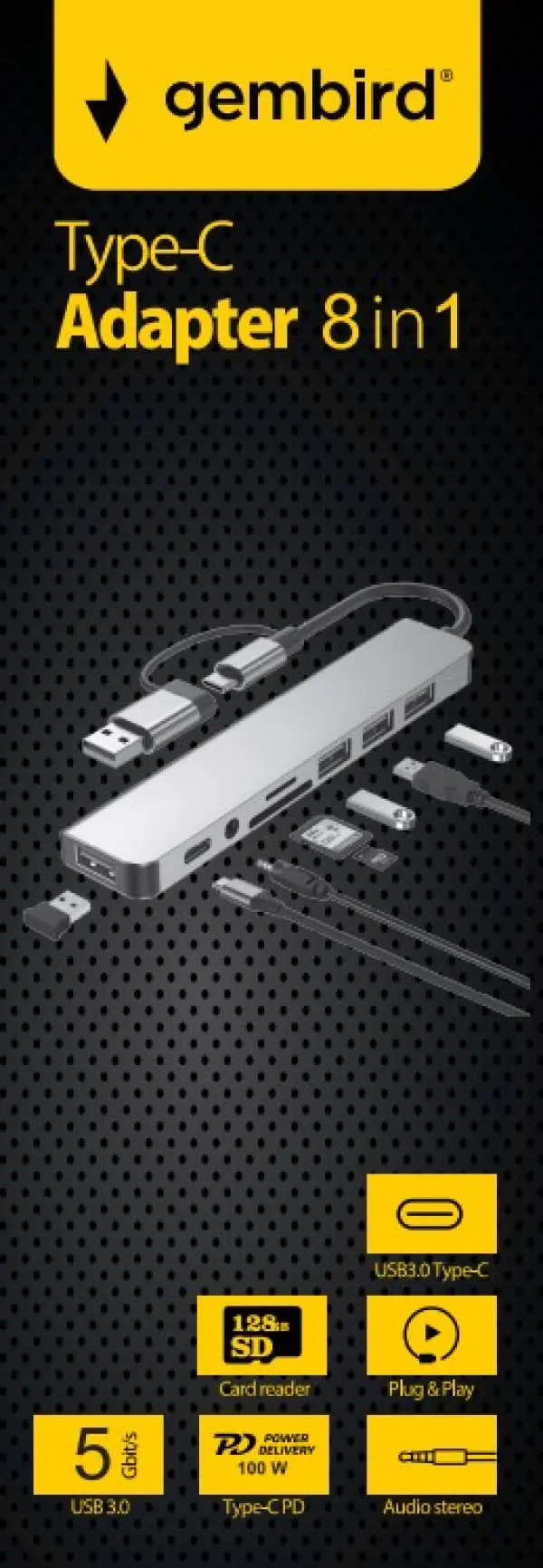 A-CM-COMBO8-06 Gembird USB +USB-C multi-port 8-in-1 USB3.0+USB2.0+SD+3.5mm+Data