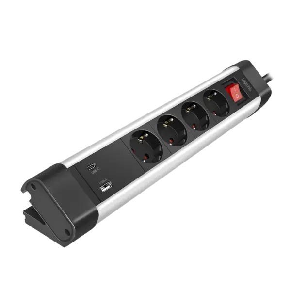 Logilink produžni kabl 4 mesta, 1 x USB A, 1 x USB C,  prekidač, stalak, 1.5m, aluminium