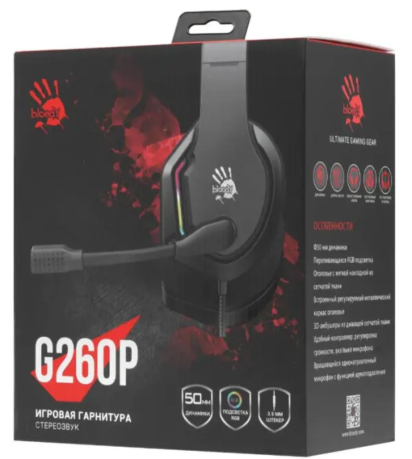 A4-G260P BLACK A4Tech Bloody gejmerske slusalice sa mikrofonom, 50mm/16ohm, USB za RGB, 3,5mm