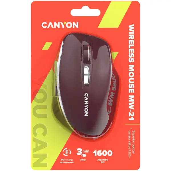 CANYON MW-21, 2.4 GHz Wireless mouse ,with 7 buttons, DPI 80012001600, Battery: AAA*2pcs,Burgundy Red,72*117*41mm, 0.075kg ( CNS-CMSW21BR )