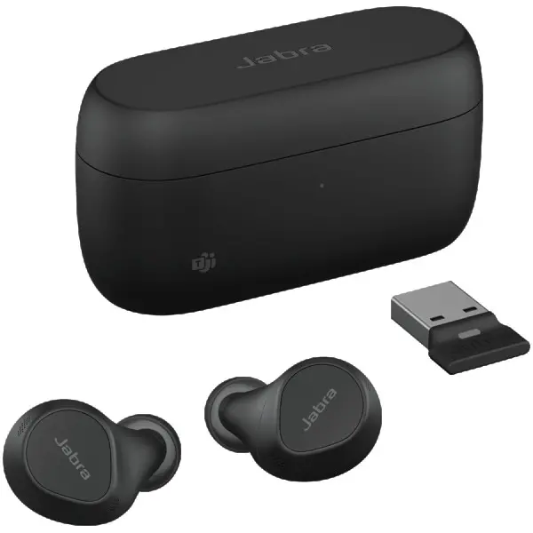 JABRA EVOLVE2 Buds MS, Cradle USB-A MS, Link 380 BT adapter USB-A MS, 30  cm USB-C to USB-A cable, Ear gels, wireless charging pad, warrant