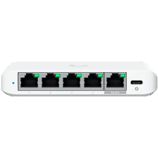 Ubiquiti 5-port 2.5G switch that can be powered with PoE or a USB-C adapter; 4x 2.5 GbE ports, 2.5 GbE PoE input port for power ( USW-FLEX-