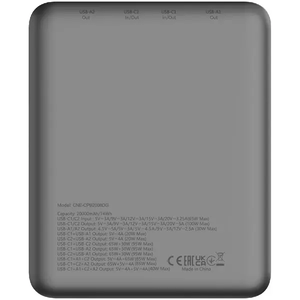 CANYON power bank PB-2008 LED FLAT 20000 mAh PD100W QC3.0 Dark Grey ( CNE-CPB2008DG ) 