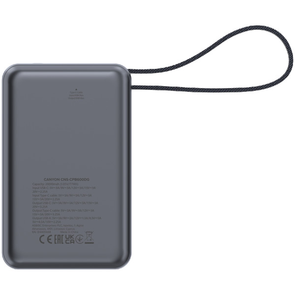 CANYON power bank OnPower 600 built-in cable 20000 mAh PD65W Dark Grey ( CNS-CPB600DG ) 