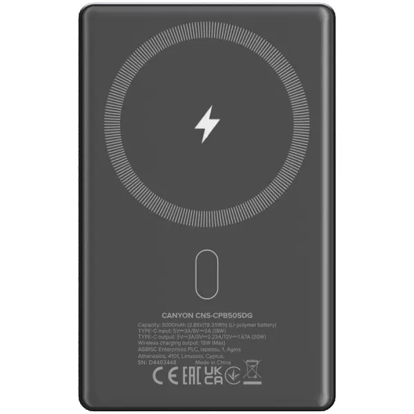 CANYON power bank OnPower 505 slim Magsafe 5000 mAh PD20W Dark Grey ( CNS-CPB505DG ) 