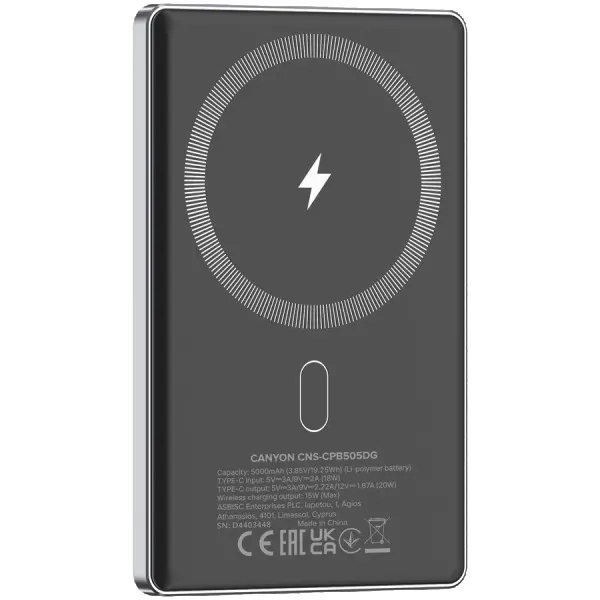 CANYON power bank OnPower 505 slim Magsafe 5000 mAh PD20W Dark Grey ( CNS-CPB505DG ) 