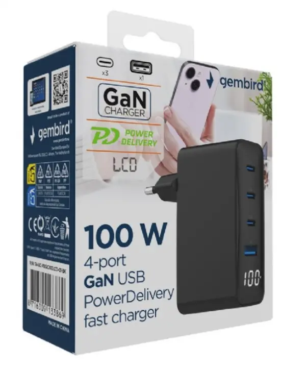 TA-UC-PDQC100LCD-01-BK Gembird 4-port 100W GaN USB fast charger, LCD, black