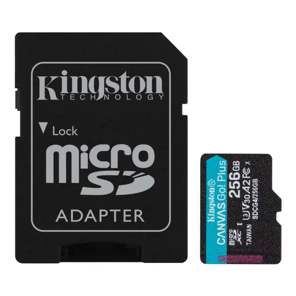 MicroSD 256GB, Canvas Go! Plus, Class10 UHS-I U3 V30 A2, Read up to 200MB/s, Write up to 160MB/s, for 4K and FullHD video recording, w/SD a