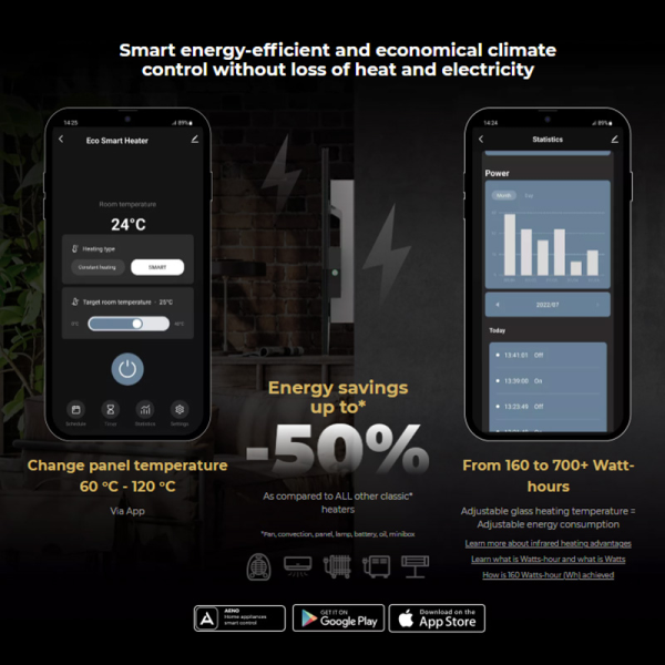 AENO Premium Eco Smart Heater, 700W, Tempered glass, Infrared+convection heating type, Plug type: Europe (EF type), BLACK ( AGH0002S )