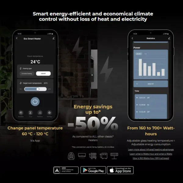 AENO Premium Eco Smart Heater, 700W, Tempered glass, Infrared+convection heating type, Plug type: Europe (EF type), BLACK ( AGH0002S )
