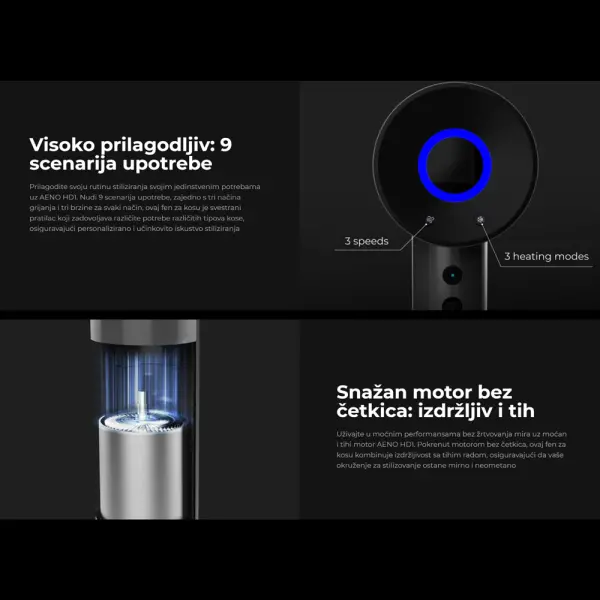 AENO Hair Dryer HD1, high speed, airflow 100 kmh, NTC sensor, 1500W, ionization, incl. diffusor, concentrator, travel bag ( AHD0001 )