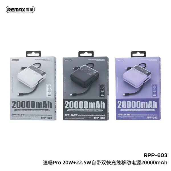 REMAX RPP-603 White 20W+QC 22.5W Power Bank with 2 Fast Ch.Cables 20000mAh