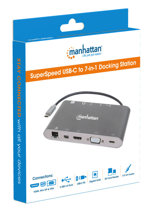 Docking station Manhattan 152808 7in1 USB-C - HDMIVGAmDP3xUSBLANCRPD 60W
