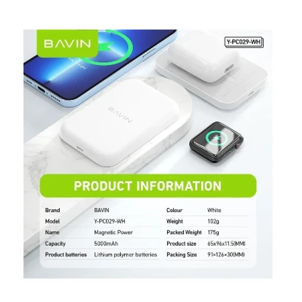 Bavin Magsafe Magnetic Power bank 5000mAh + kabl Lightning bela ( 90322 )