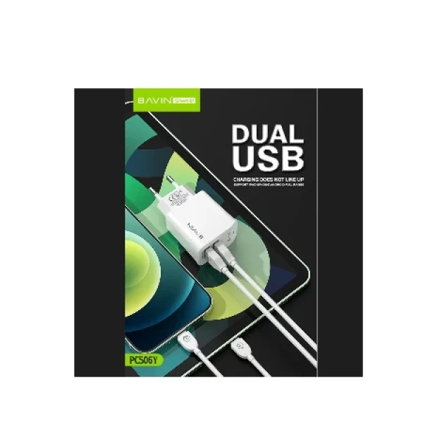 BAVIN punjač 2xUSB-A 2,4A +kabl lightning bela- PC255Y ( 90006 )