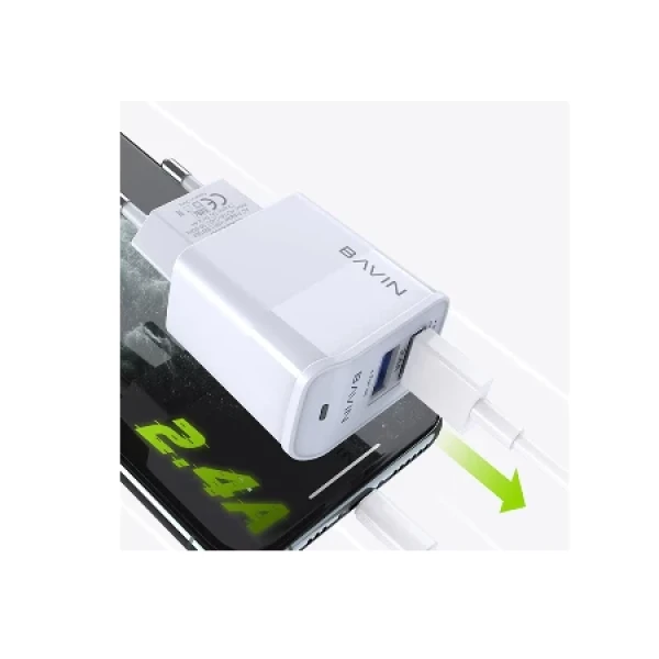 BAVIN punjač 2xUSB-A 2,4A +kabl lightning bela- PC255Y ( 90006 )