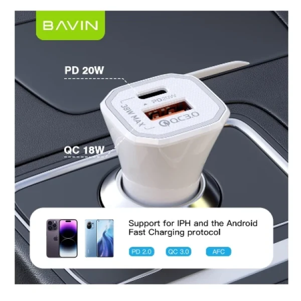 Bavin Auto punjač 20W PD QC3,0 USB&Type C bela - PC875 ( 90040 )